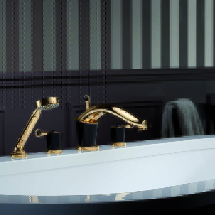 THG BAGATELLE PIERRE NOIRE MANETTES Смеситель для для установки на борт ванны на 4 отверстия, с ручным душем, ручки черные, цвет: полированное золото