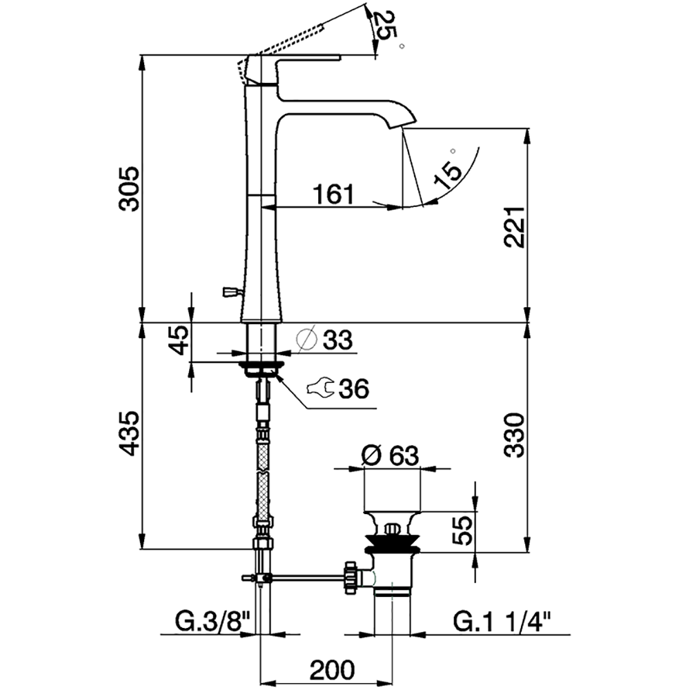 CISAL Cherie Смеситель для биде на 3 отв. с донным клапаном, цвет: хром/черный матовый