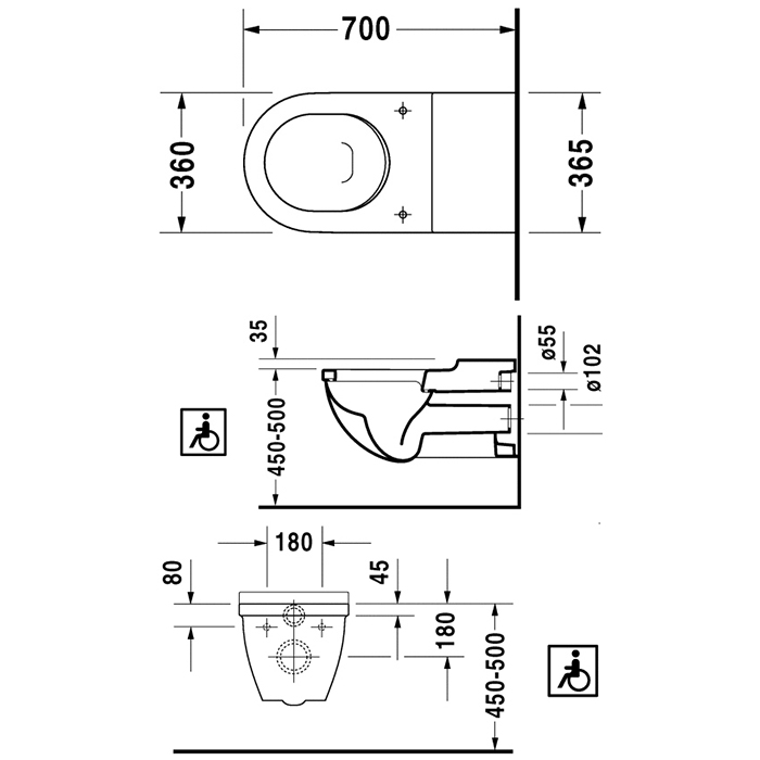 Duravit Starck 3 Унитаз 70х45х36см., подвесной, для инвалидов на колясках, цвет: белый