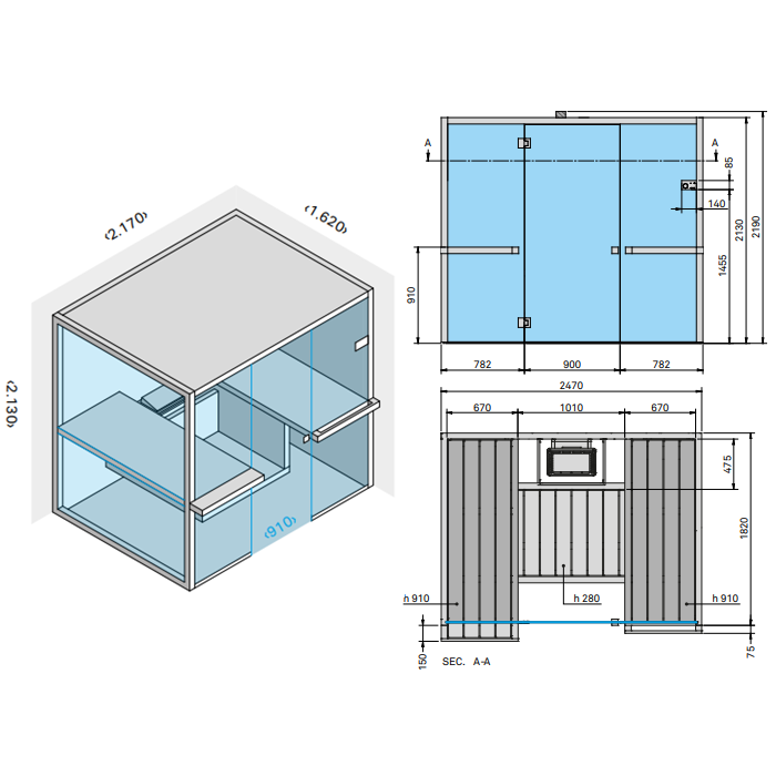 Effegibi Air 80 Corner Сауна 247x162x213см, угловая DX, цвет: осина термообработанная