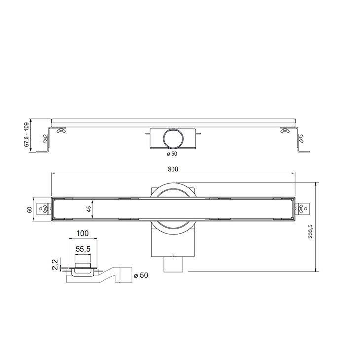 Plumberia Selection Трап душевой PS LINEAR 6x80 2устор. накладка из нерж.стали, комбинир.затвор с горизонт. Выпуском Ду 50мм,40л/мин, цвет: золото брашированная