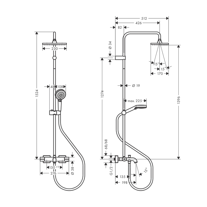  Hansgrohe Vernis Shape Душевая стойка с верхним душем 230 1jet с термостатом для ванны, цвет: хром 