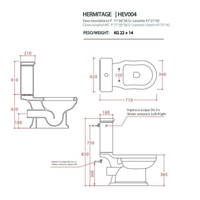 Artceram HERMITAGE унитаз моноблок 71х36см слив в стену с креплением, цвет: белый/золото