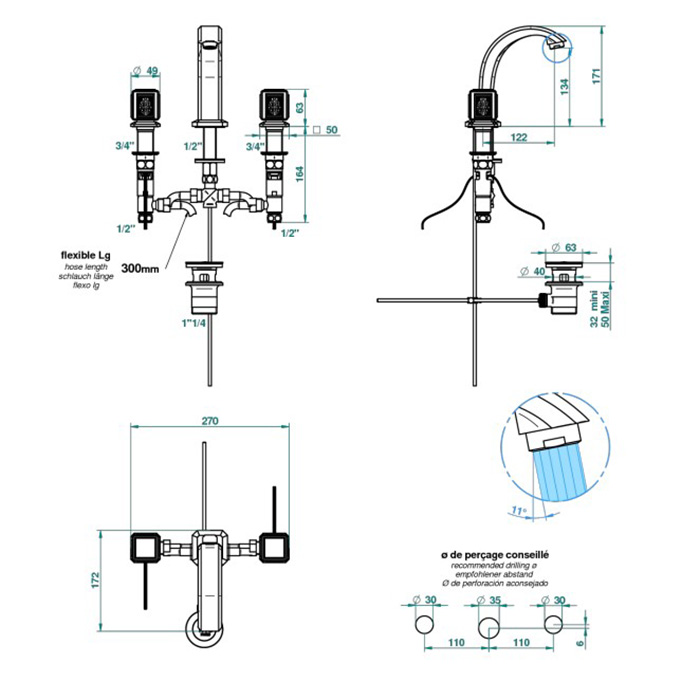 THG Métropolis cristal clair Смеситель для раковины на 3 отверстия, ручки с подсветкой, с донным клапаном, цвет: хром