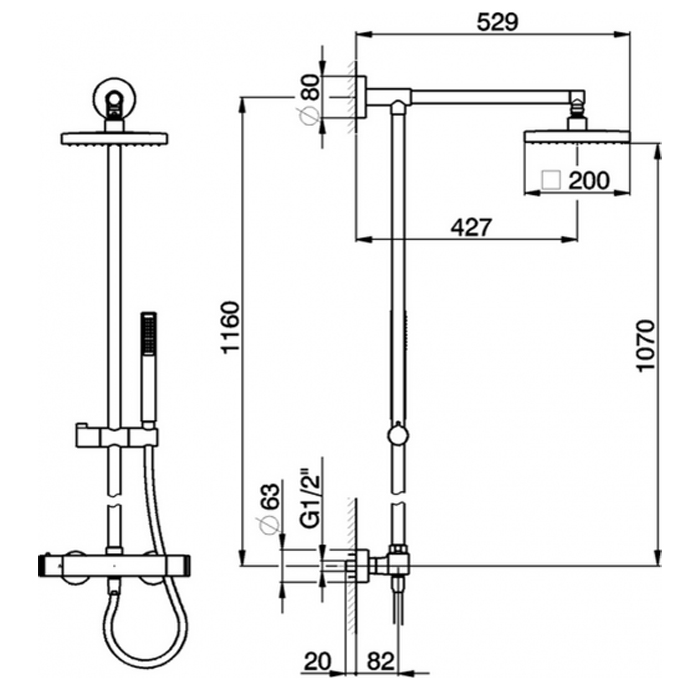 CISAL Roadster Настенная душевая система:термостатический смеситель для душа,верхний душ,ручной душ с держателем и шлангом, цвет: хром