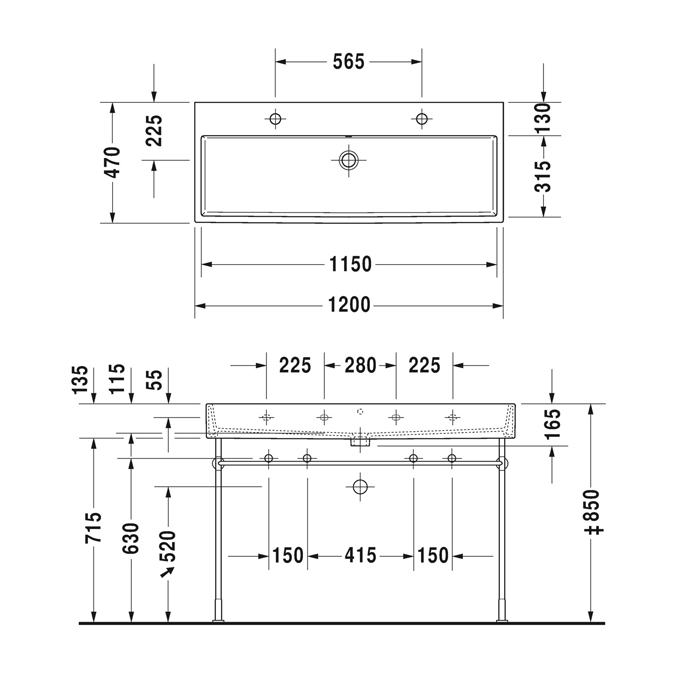 Duravit Vero Air Раковина 120х47см., подвесная, c 2 отв., с переливом, цвет: белый