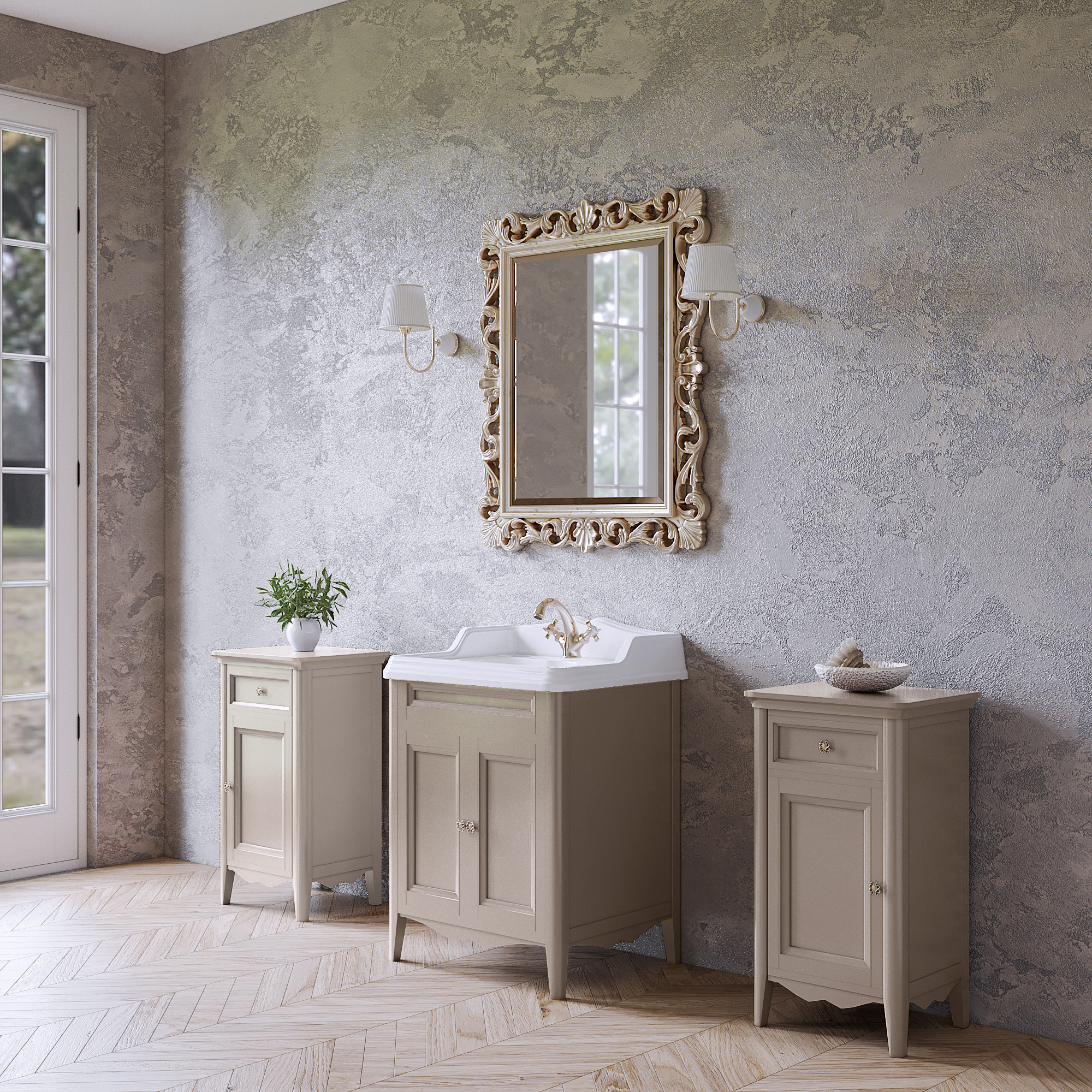 TW Veronica Nuovo комплект мебели напольный, с 2-мя дверцами, с доводчиками Blum, ручки: бронза, 68см, Цвет: tortora