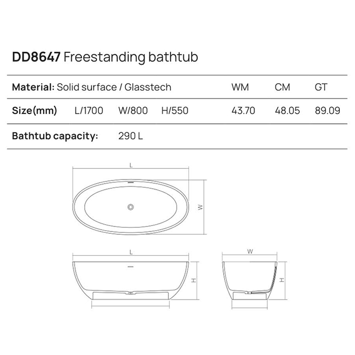 Dea Design Nature Ванна 170х80х55см., отдельностоящая, Solid Surface, цвет: White №18