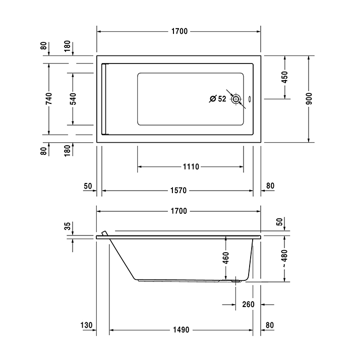 Duravit Starck Ванна 170x90х48см., встраиваемая, акрил, цвет: белый