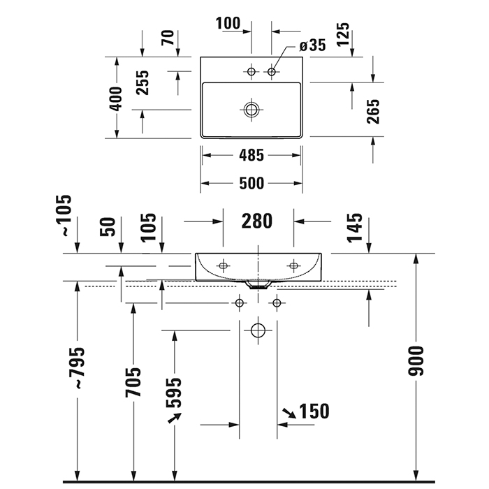 Duravit DuraSquare Раковина накладная 50х40см, без перелива, 2 отв., WonderGliss, цвет: белый