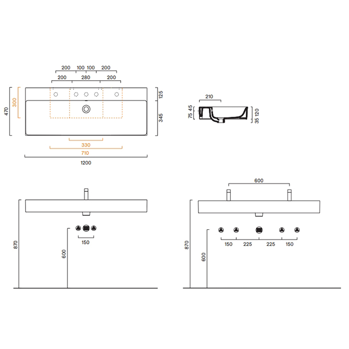 Catalano Premium Раковина 120х47см, без отв., подвесная, цвет: белый глянцевый