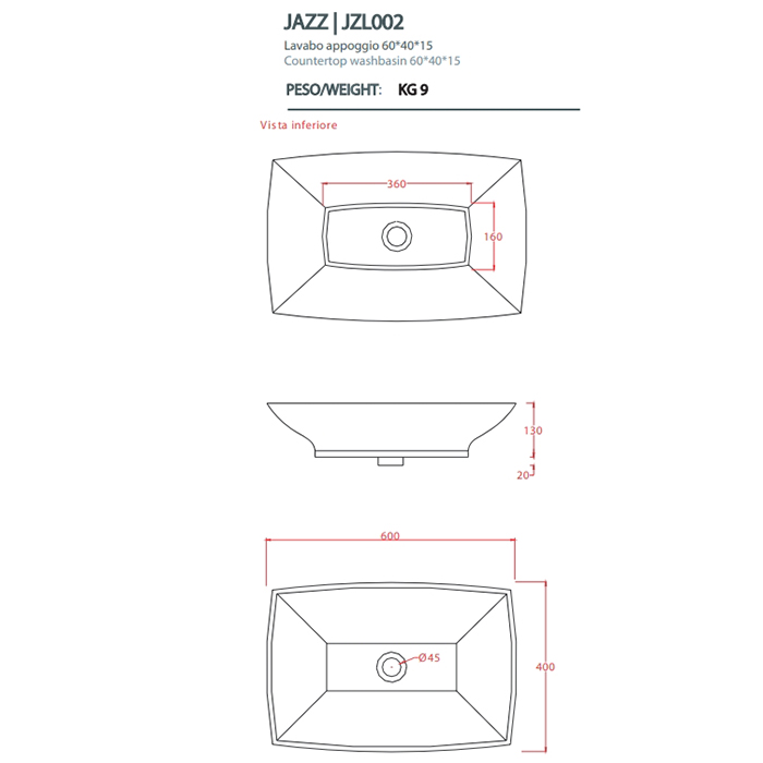 Artceram JAZZ Раковина 60х40 см, без отв., накладная, цвет: белый матовый