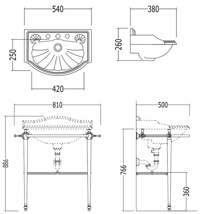 Devon&Devon Oxford Консоль 54х50см, с раковиной на 3 отв., напольная, цвет: светлое золото