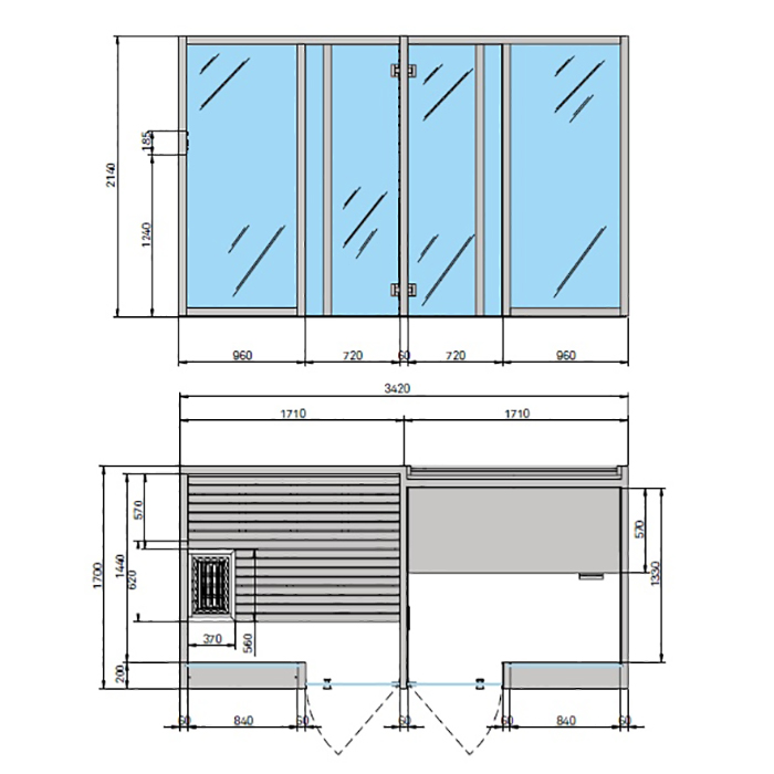 Effegibi Yoku SH Glass Сауна&Хаммам 342x170х214см, пристенная, цвет: чёрный орех/Calacatta Gold Extra