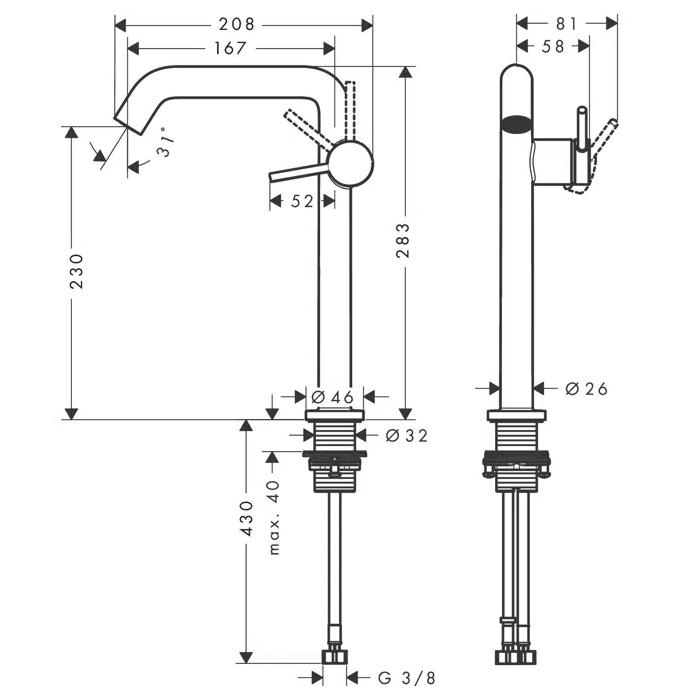 Hansgrohe Tecturis S Смеситель для раковины, 1 отв., с донным клапаном, цвет: хром