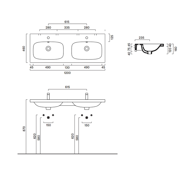 Catalano Alvea Раковина двойная 120х46см., подвесная или на мебель, без отв., цвет: белый глянцевый
