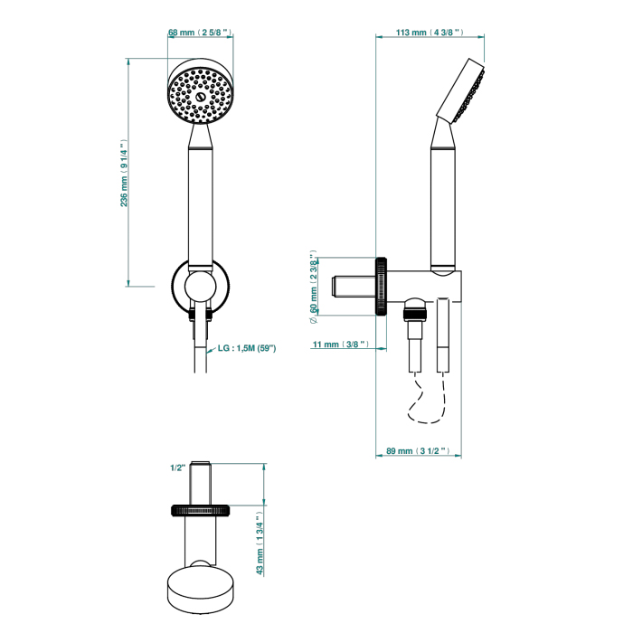 THG Hirondelles Душевой комплект: ручной душ, держатель с подводом воды и шланг 1500 мм, цвет: Soft gold
