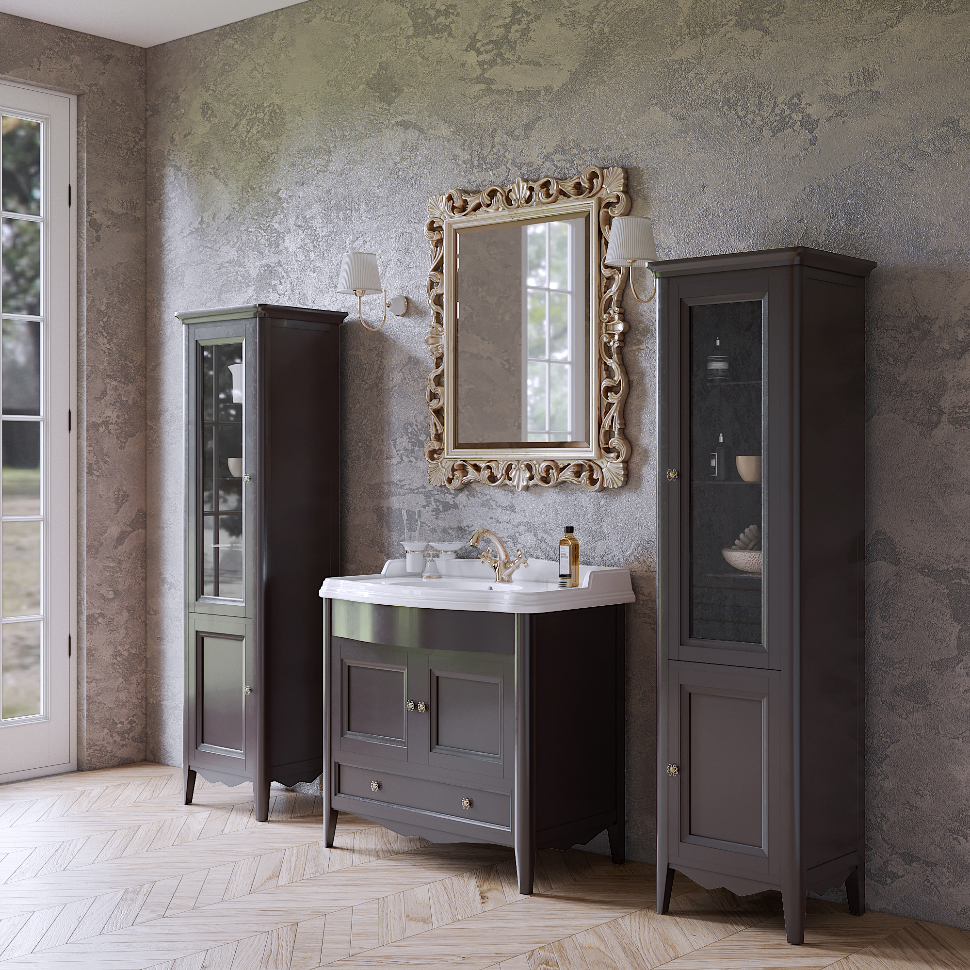 TW Veronica, База с раковиной Simas AR864bi*1 90x56см, с 1отв., 2 распашные дверки+1 выдв.ящик,  доводч. Blum, ручки: Riflesso бронза, напольная, цвет: GRIDGIO