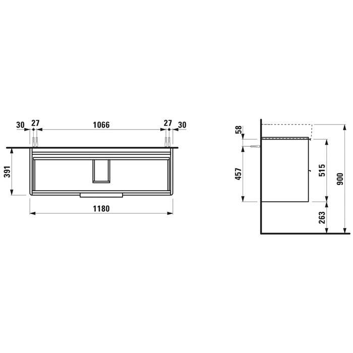 Laufen Base База с раковиной 118x39x53см., 2 ящика,включает в комплект органайзер для ящика, подвесная, цвет: белый глянцевый