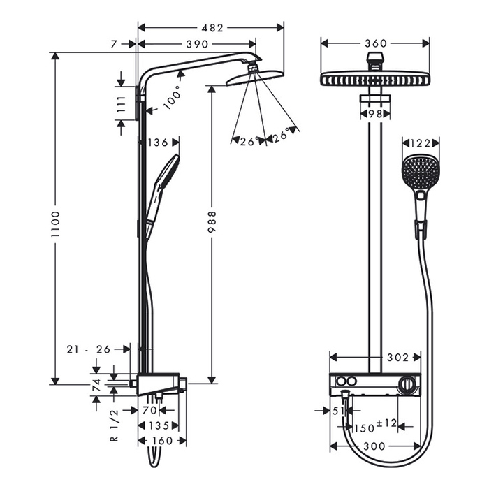 Hansgrohe Raindance Select E 360 Showerpipe 1 jet Душевая система, с верхним душем 36х19см., ручным дешем, и термостатическим смесителем, цвет: хром/белый