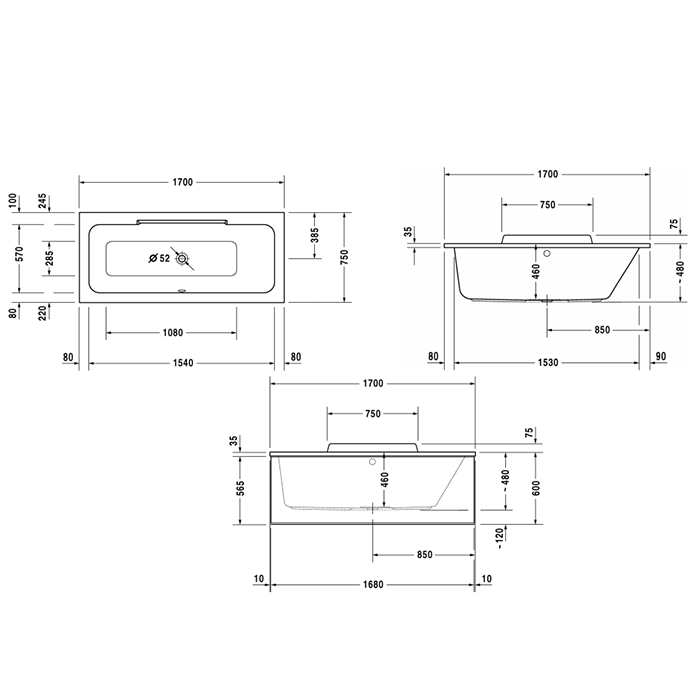 Duravit Ванна акриловая DuraStyle 170х75x48см, прямоугольная .встраиваемая или версия с панелями, , наклон спины справа. цвет: белый