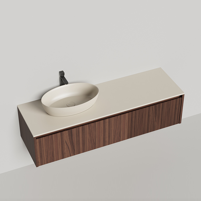 Salini Domino Тумба с накладной раковиной, 160х50х40см., из S-Stone в сборе, крепеж; сифон; фасад: шпон орех, столешница: Ral9001