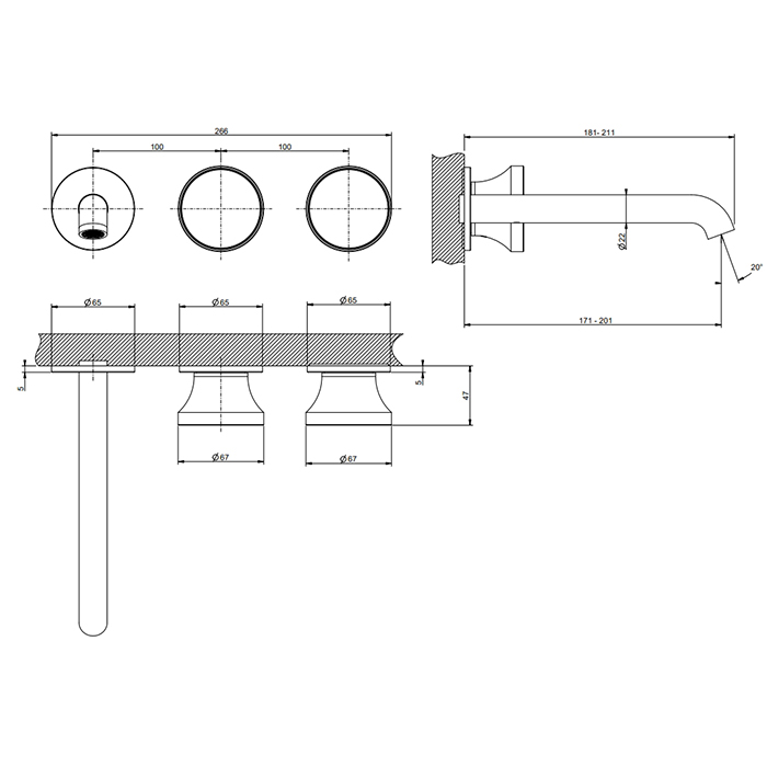 Gessi Origini Смеситель для раковины встраиваемый с изливом на 3 отв, цвет: Warm Bronze Br. PVD