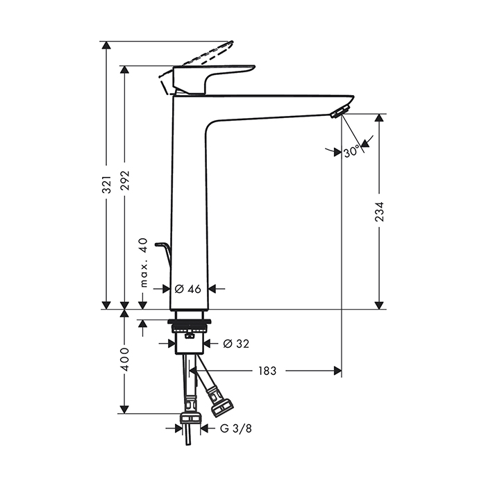 Hansgrohe Talis E Смеситель для раковины 240, на 1 отв, с донным клапаном, излив 183мм, цвет: шлифованный черный хром