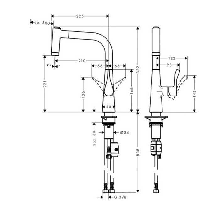 Hansgrohe Metris Смеситель  для кухни на 1 отв, поворотный и выдвижной излив 2jet, цвет: хром