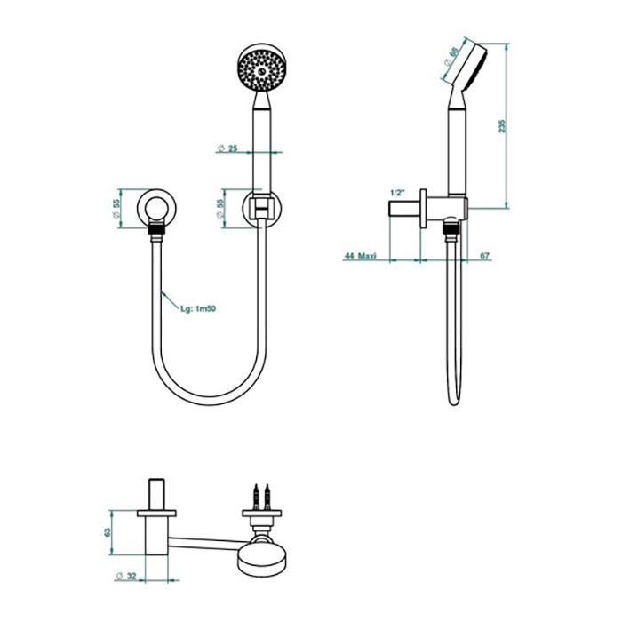 THG Mossi cristal clair Душевой комплект с ручным душем, шланг 1500 мм., держатель и подвод воды, цвет: хром