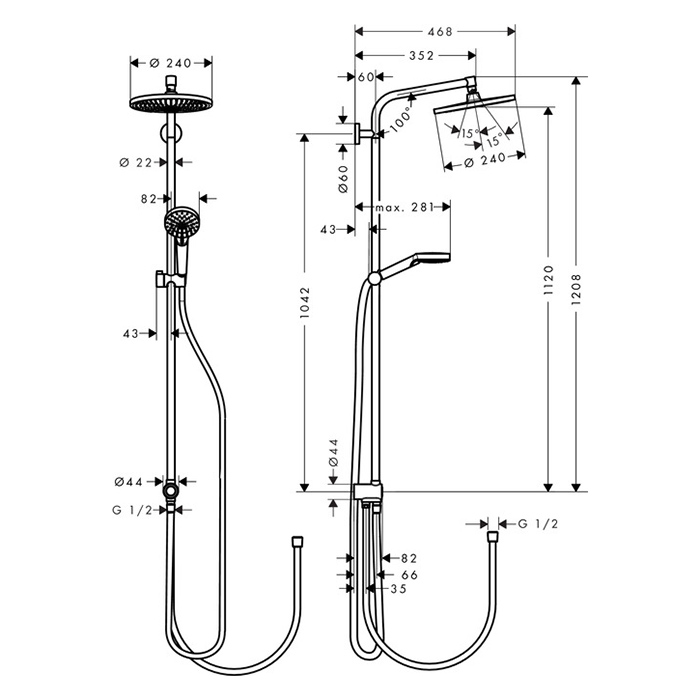 Hansgrohe Crometta S 240 SHP Душевая система 102см, с верхним Ø240мм. и ручным душем, цвет: хром (без смесителя!)  