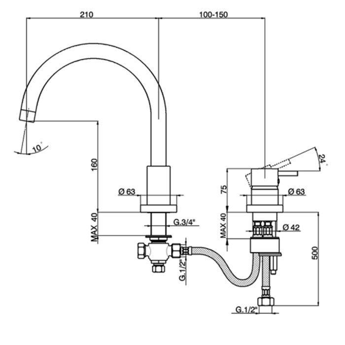 Cisal Less New Смеситель на борт ванны, на 2 отв., излив: 21см, цвет: хром