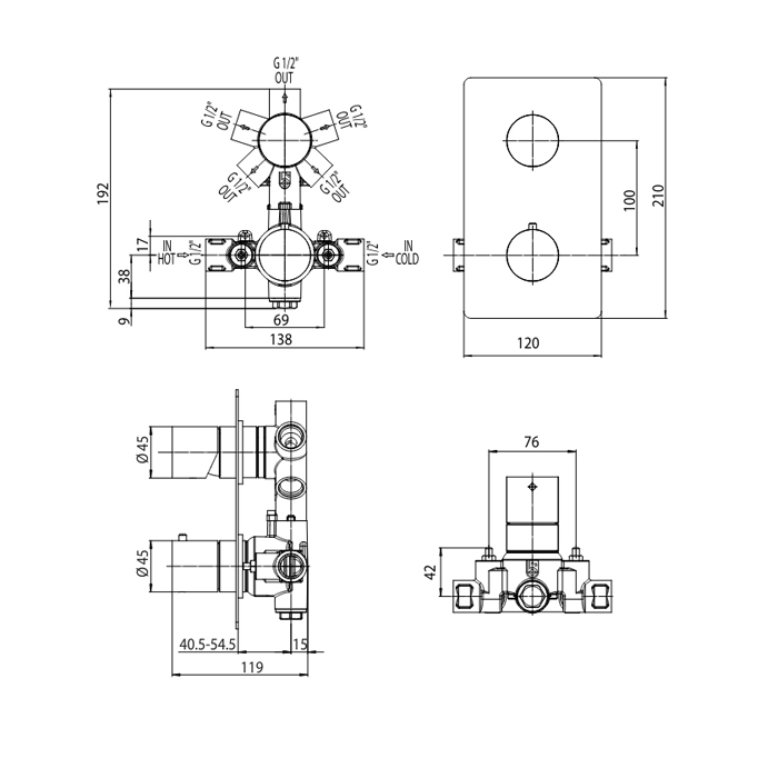 Bossini Nobu Наружная часть для универсального термостатического смесителя на 1-5 выходов., цвет: нержавеющая сталь