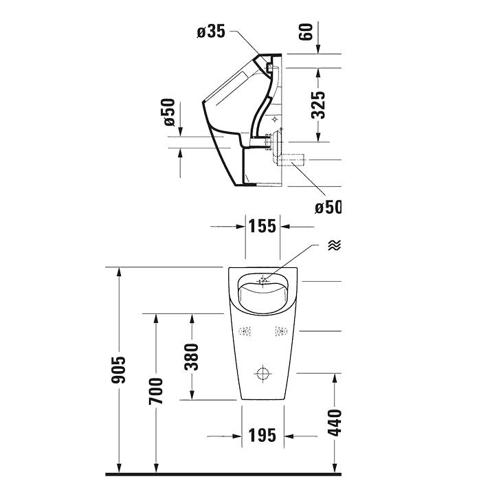 Duravit ME by Starck Писсуар Rimless 0,5л., без смывного края, подача воды сзади, с вытяжкой, сток горизонтальный, включая крепление, модель без „мушк