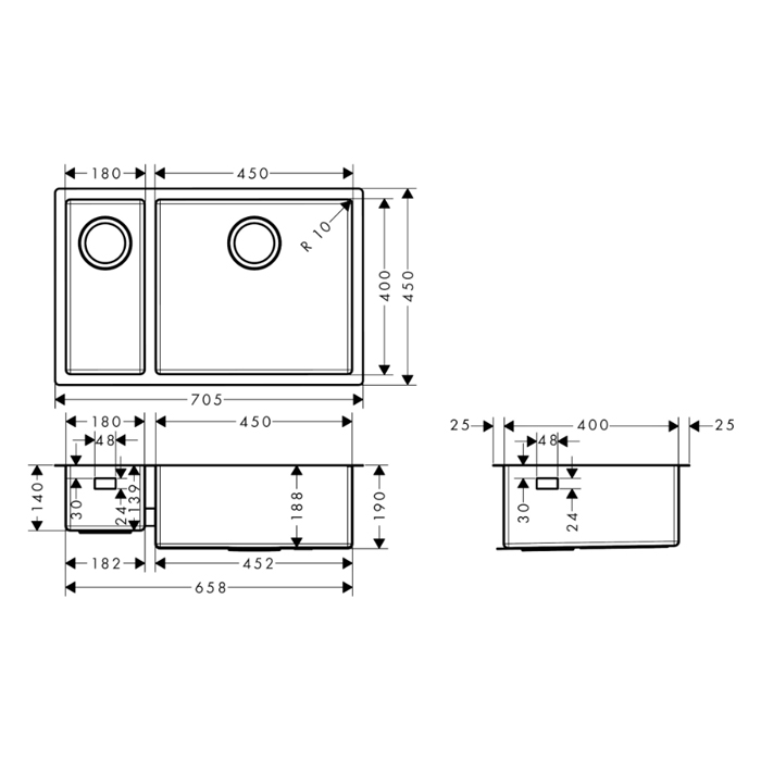 Hansgrohe S71 S719-U655 Мойка для кухни 70.5х45см., встраиваемая снизу, без отв., двойная, цвет: нержавеющая сталь