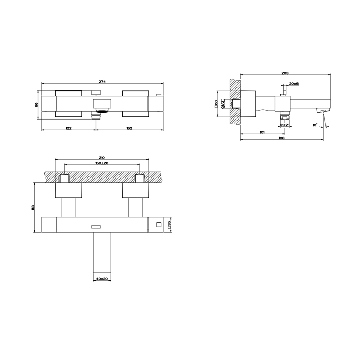 Gessi Rettangolo Смеситель для ванны, термостатический, с автоматическим переключателем ванна/душ, цвет: Finox
