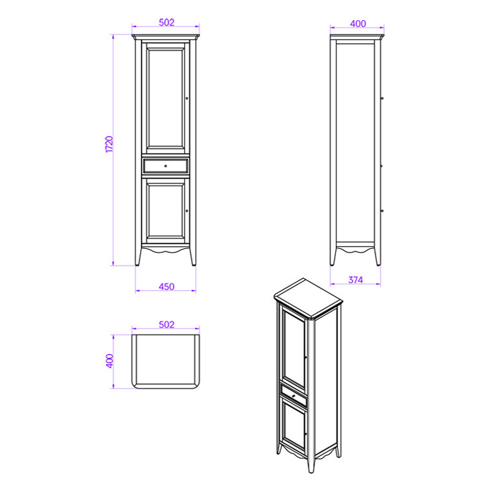 TW Veronica, Колонна 50.2/45x40/37.4 x h172см, 1выдв.ящик, 2 распашные дверки, доводчики Blum (петли слева-SX), напольная, цвет: VINTAGE, ручки: Riflesso бронза