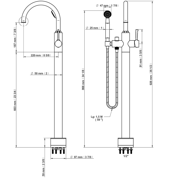 THG Hamptons Смеситель для ванны, напольный, с ручным душем и шлангом 150см., цвет: хром