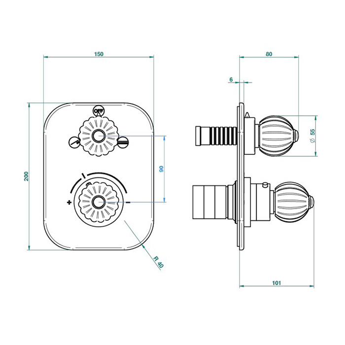 THG Mandarine metal Смеситель для душа встраиваемый, термостатический, с переключателем на 2 положения, внешняя часть, цвет: хром/золото