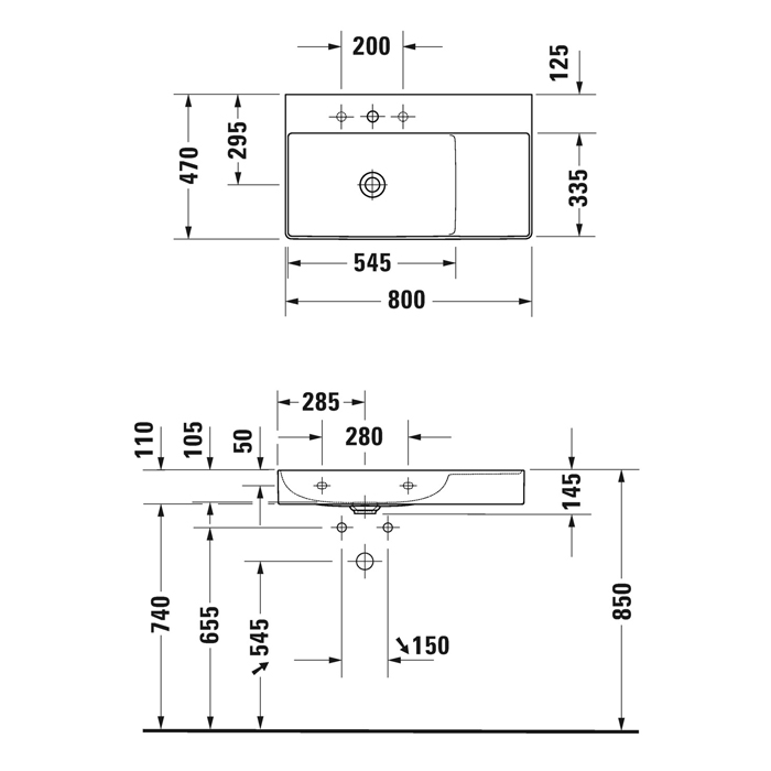 Duravit DuraSquare Раковина подвесная 80х47см, Sx, с отметками на 2 отв., без перелива, с крепежом, цвет: белый