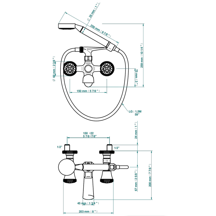 THG Hirondelles Platinum Stamped Смеситель для ванны, настенный, с ручным душем, цвет: Gold color PVD