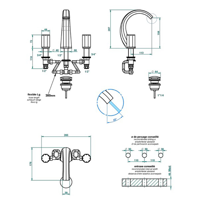 THG Nihal métal lisseСмеситель для раковины на 3 отверстия, с донным клапаном, цвет: хром