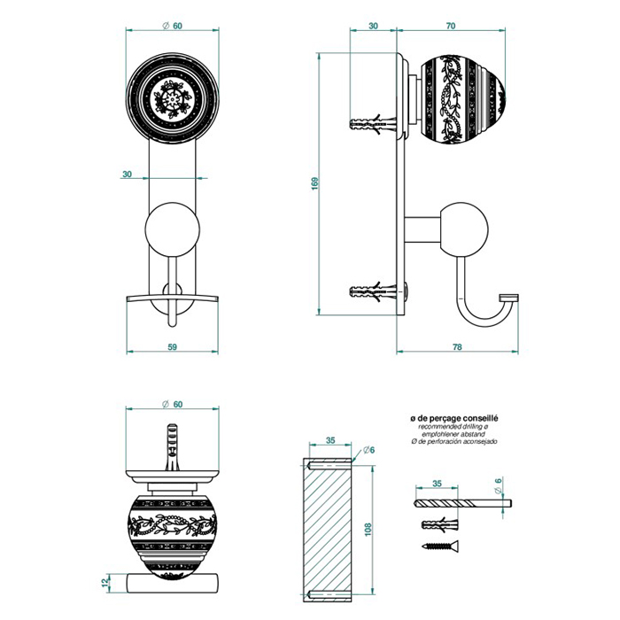  THG Marquise noir décor Or Крючок, декор черный/золото, подвесной, цвет: полированное золото
