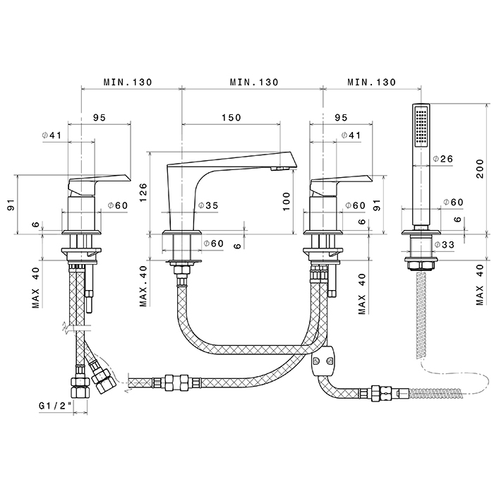 Newform Nio Смеситель на борт ванны, 4 отв., с изливом и ручным душем, цвет: хром