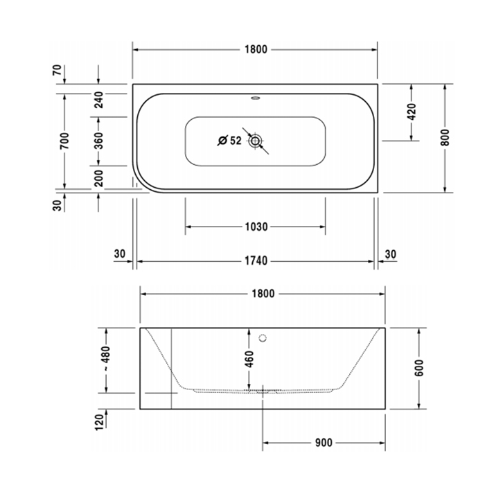 Duravit Happy D.2 Ванна 180х80x60см, угол справа, с интегрированной акриловой панелью DX и ножками, с двумя наклонами для спины. Санитарный акрил 5 мм., цвет: белый