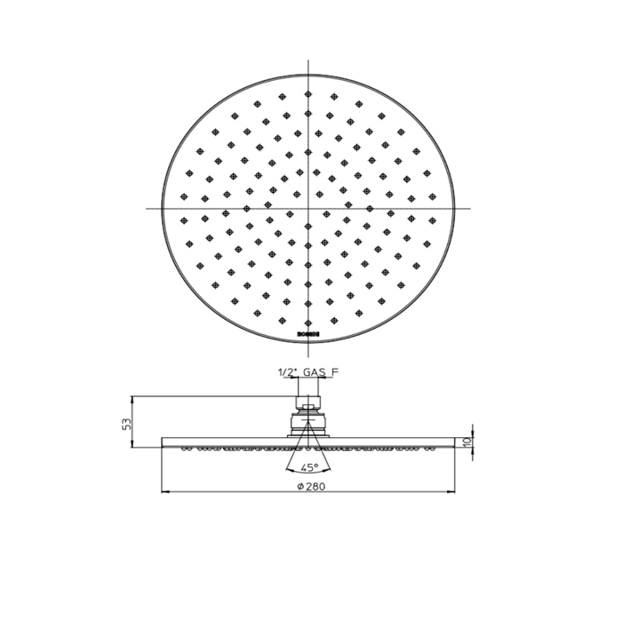 Bossini Nobu Душевая лейка из нерж. стали Ø 280 мм самоочищающаяся на шарнире на 1/2" F.., цвет: нержавеющая сталь