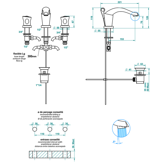 THG Bagatelle metal Смеситель для раковины, 3 отв., цвет: хром