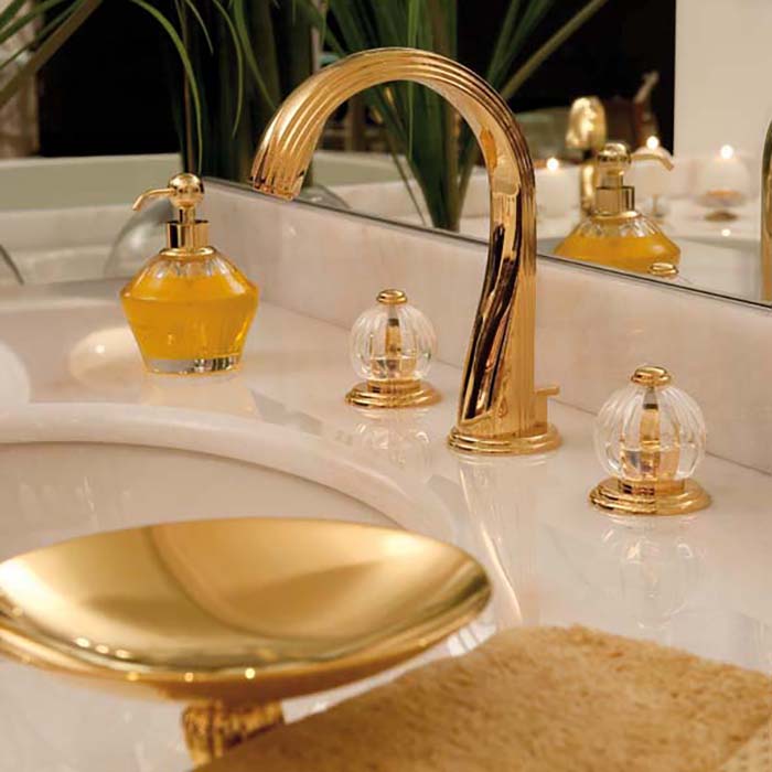  THG Mandarine clear crystal Смеситель для раковины на 3 отверстия, с донным клапаном, цвет: полированное золото