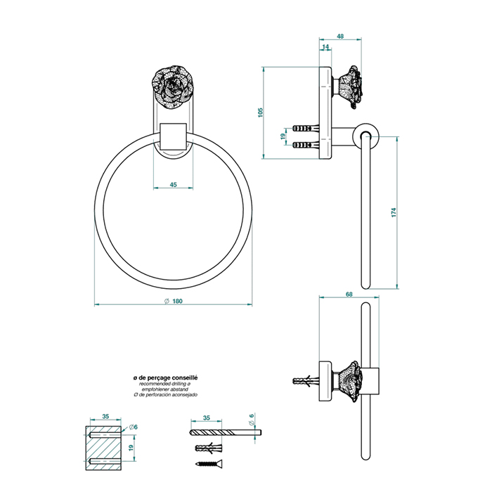 THG Rose Полотенцедержатель - кольцо 18см., подвесной, цвет: золото/розовый