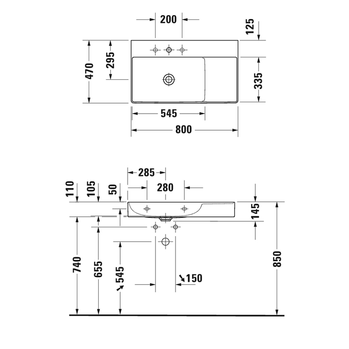 Duravit DuraSquare Раковина подвесная 80х47см, Sx, с отметками на 2 отв., без перелива, цвет: белый